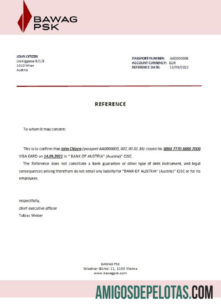 Referência de fechamento Áustria BAWAG PSK amostra